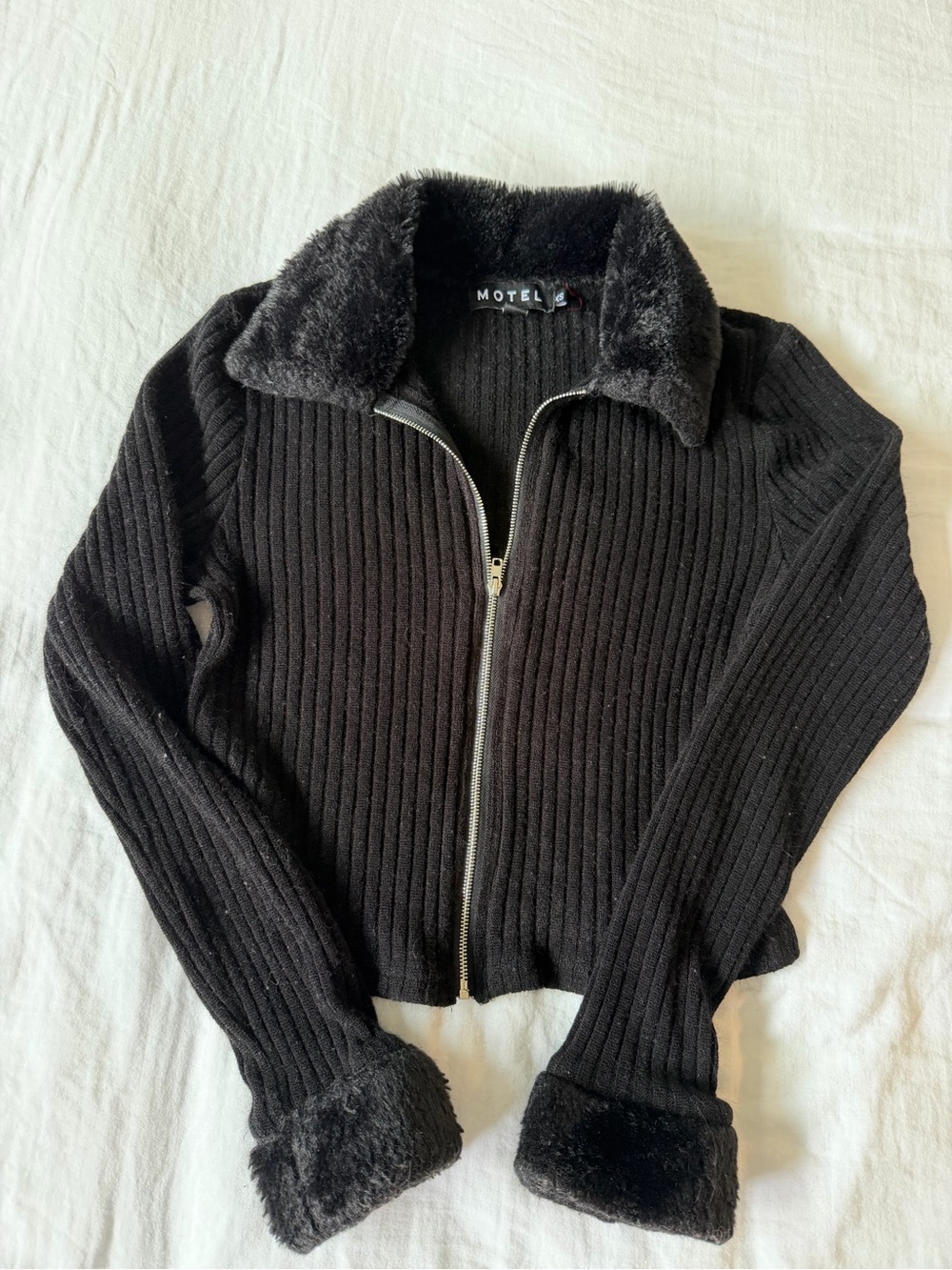 Motel Rocks Black Ribbed Zip Jacket with Faux Fur Collar & Cuffs